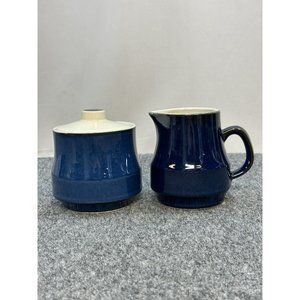 Vintage Stoneware Blue Creamer & Sugar Set Navy Blue Covered Sugar Creamer